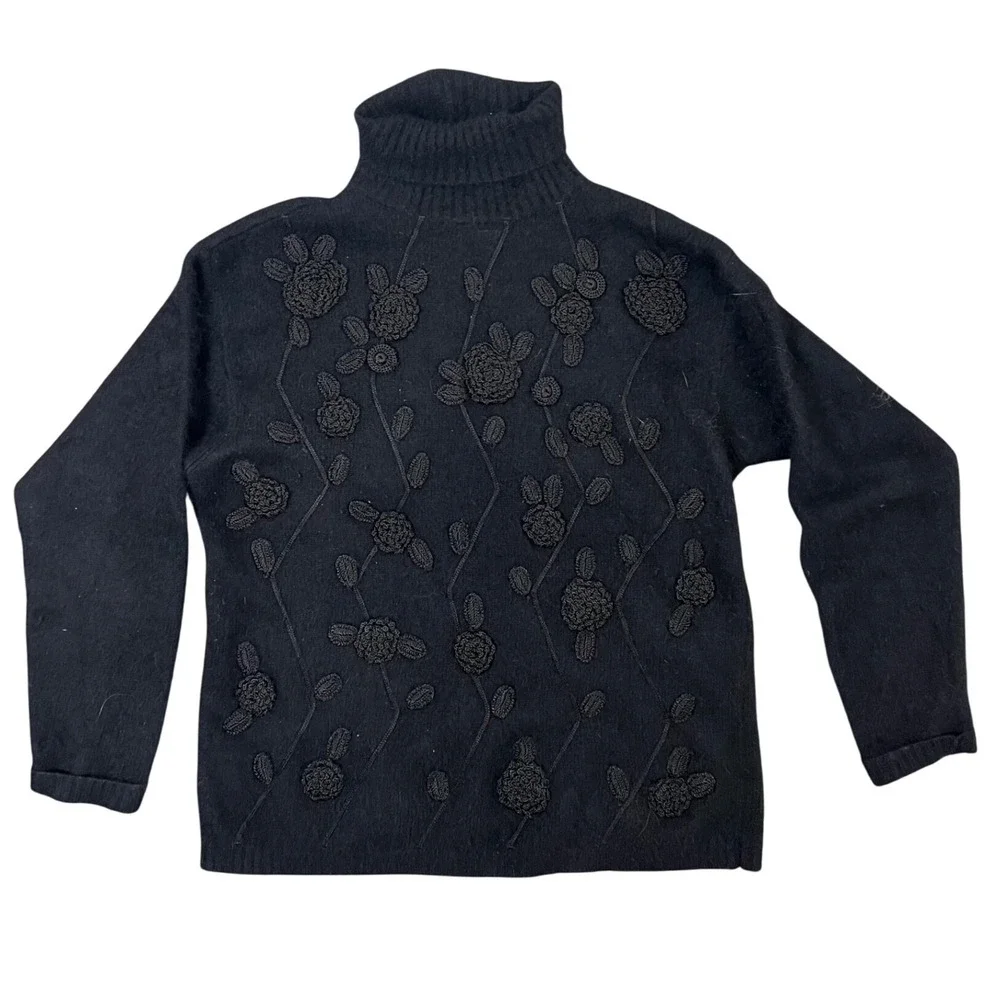 Rafaella Black Turtleneck Sweater Crochet Applique Angora Lambswool Blend Medium